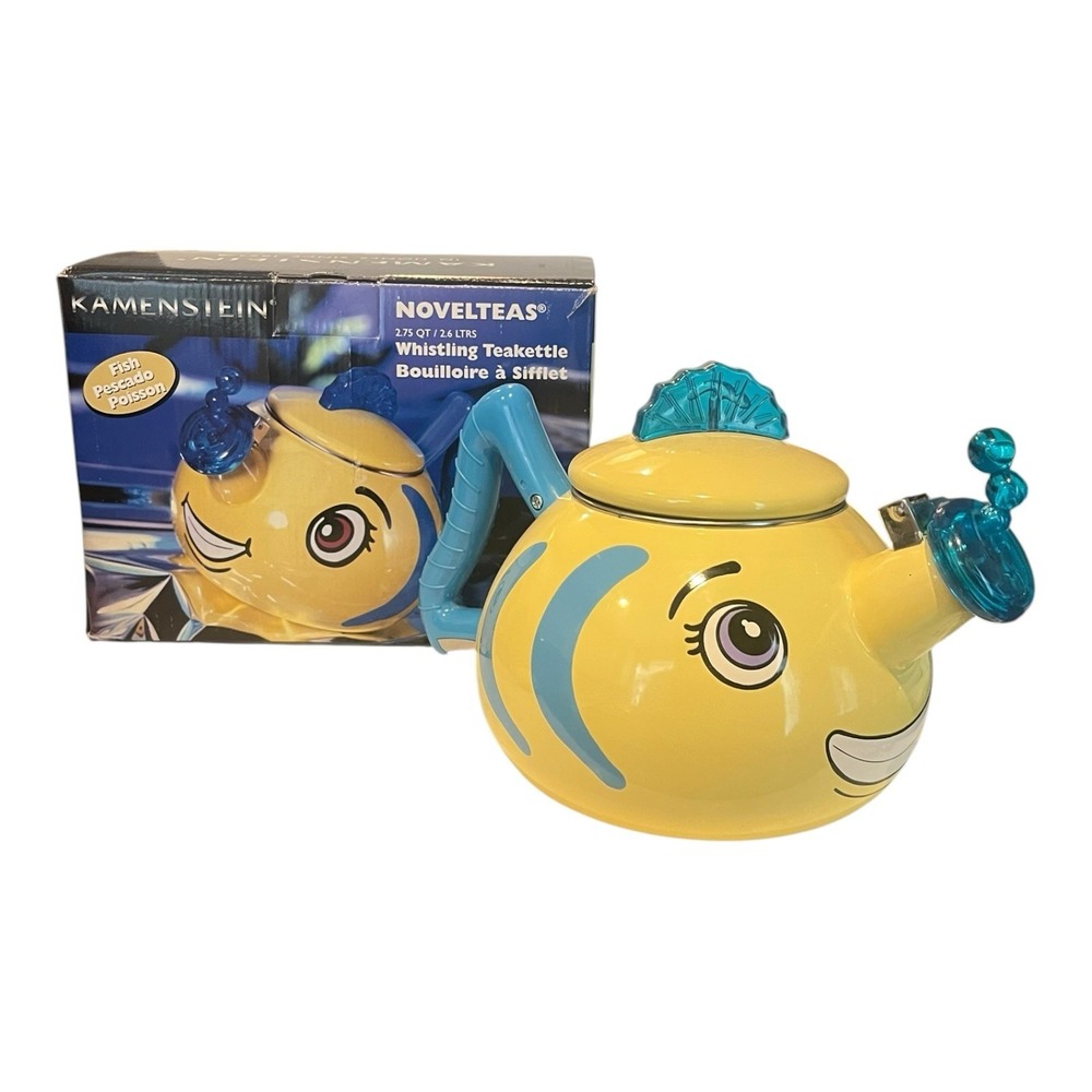 Vtg MM Kamenstein Whistling Kettle Tea Pot Enamel Flounder Fish Anthropomorphic